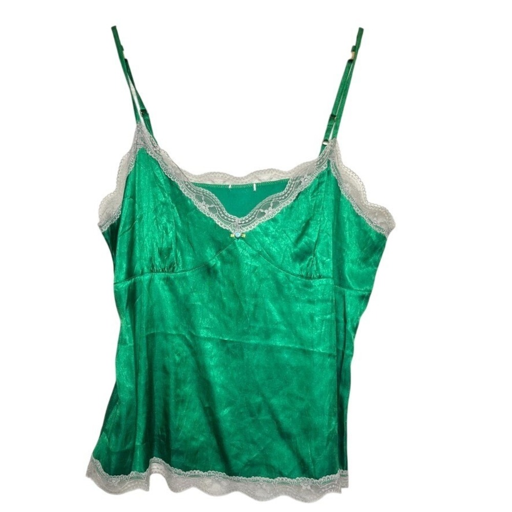 Vintage y2k satin lace cami Satin Crop Top Spaghetti Straps flower Green Small